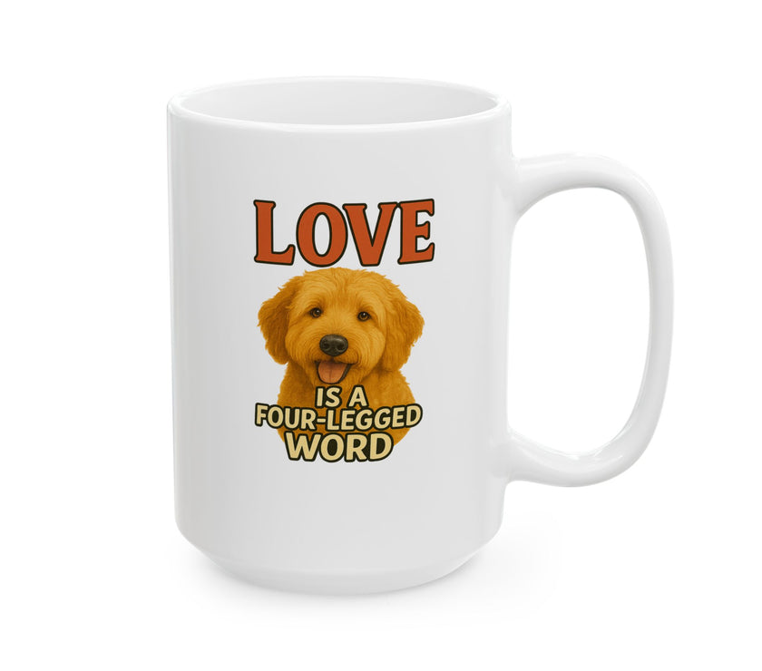 White mug with a dog illustration and text 'LOVE IS A FOUR-LEGGED WORD' on a white background
