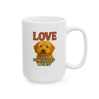 White mug with a dog illustration and text 'LOVE IS A FOUR-LEGGED WORD' on a white background