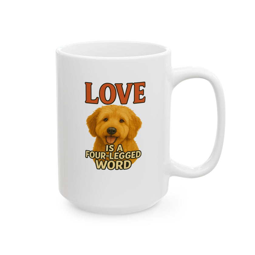 White mug with a dog illustration and text 'LOVE IS A FOUR-LEGGED WORD' on a white background