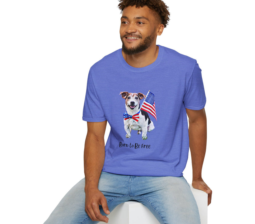 Male wearing T-shirt featuring a cute golden doodle puppy wearing an American flag bow tie and holding a small U.S. flag, with the phrase 'Born to Be Free' printed below the image.