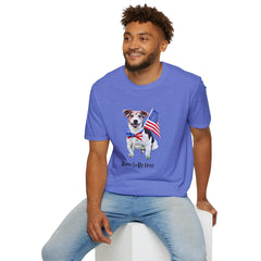 Male wearing T-shirt featuring a cute golden doodle puppy wearing an American flag bow tie and holding a small U.S. flag, with the phrase 'Born to Be Free' printed below the image.