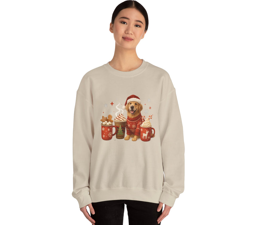 Beige sweatshirt with a dog and hot chocolate graphic worn by a person on a white background