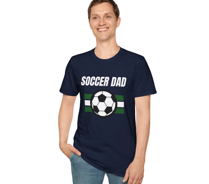 Man wearing a navy blue t-shirt with 'Soccer Dad' and a soccer ball graphic on a white background