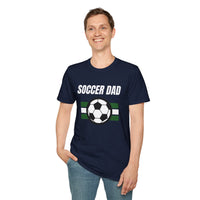 Man wearing a navy blue t-shirt with 'Soccer Dad' and a soccer ball graphic on a white background