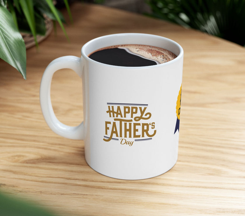 White ceramic mug featuring a #1 Dad ribbon and Happy Father’s Day message, ideal gift for Father’s Day celebrations."