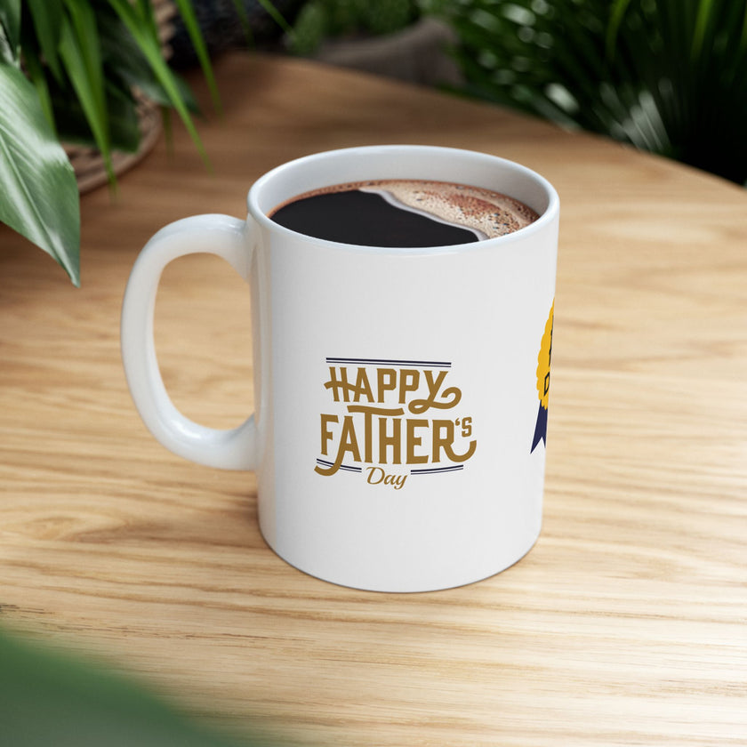 White ceramic mug featuring a #1 Dad ribbon and Happy Father’s Day message, ideal gift for Father’s Day celebrations."