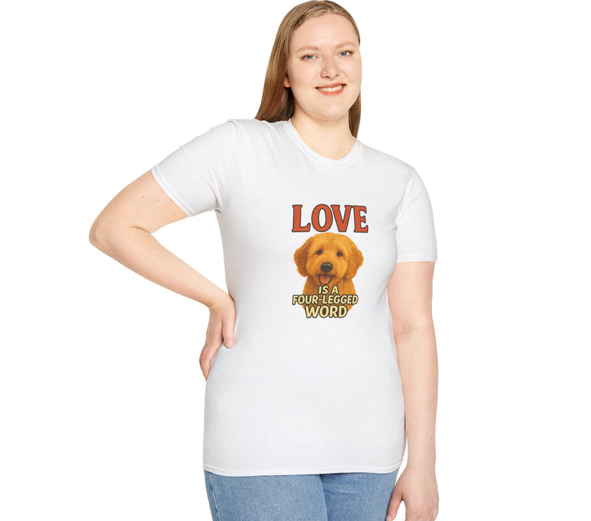 Person wearing a white t-shirt with a dog graphic and text on a white background