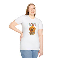 Person wearing a white t-shirt with a dog graphic and text on a white background