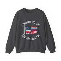 Dark gray sweatshirt with 'Proud to be an American' text and American flag on a white background