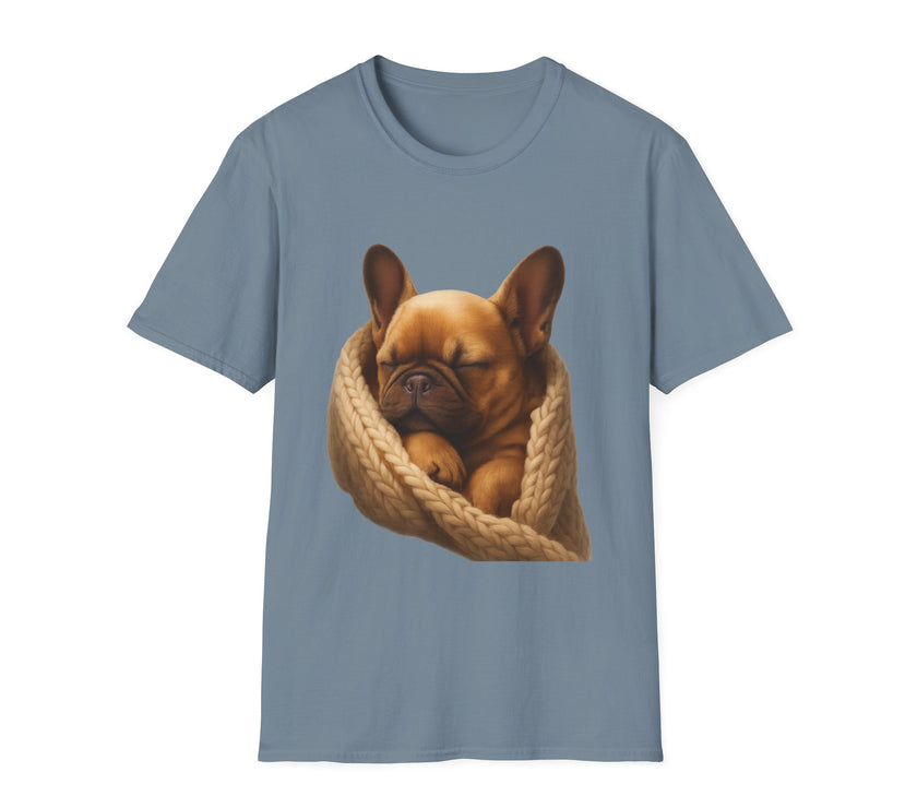 Blue t-shirt with a dog design on a white background