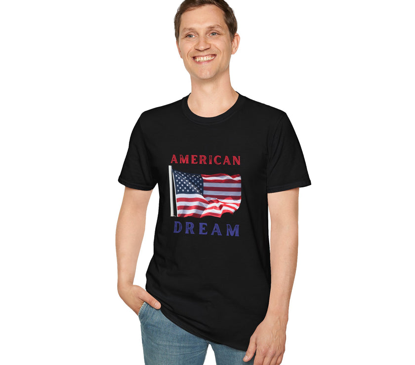 Male wearing T-shirt featuring an American flag graphic with the words 'AMERICAN DREAM' in red and blue text above and below the flag
