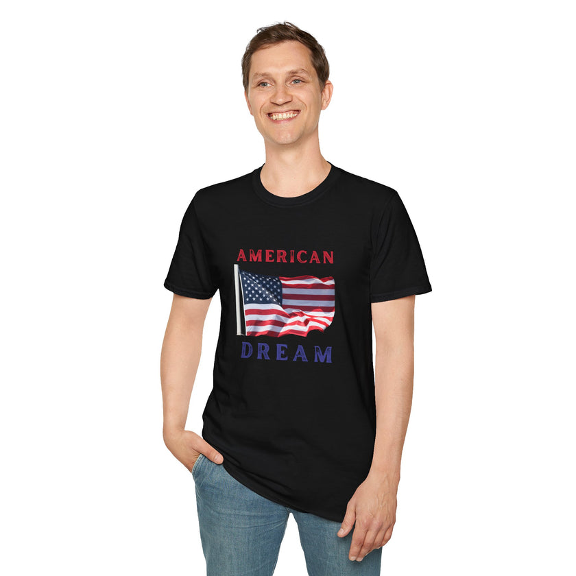Male wearing T-shirt featuring an American flag graphic with the words 'AMERICAN DREAM' in red and blue text above and below the flag