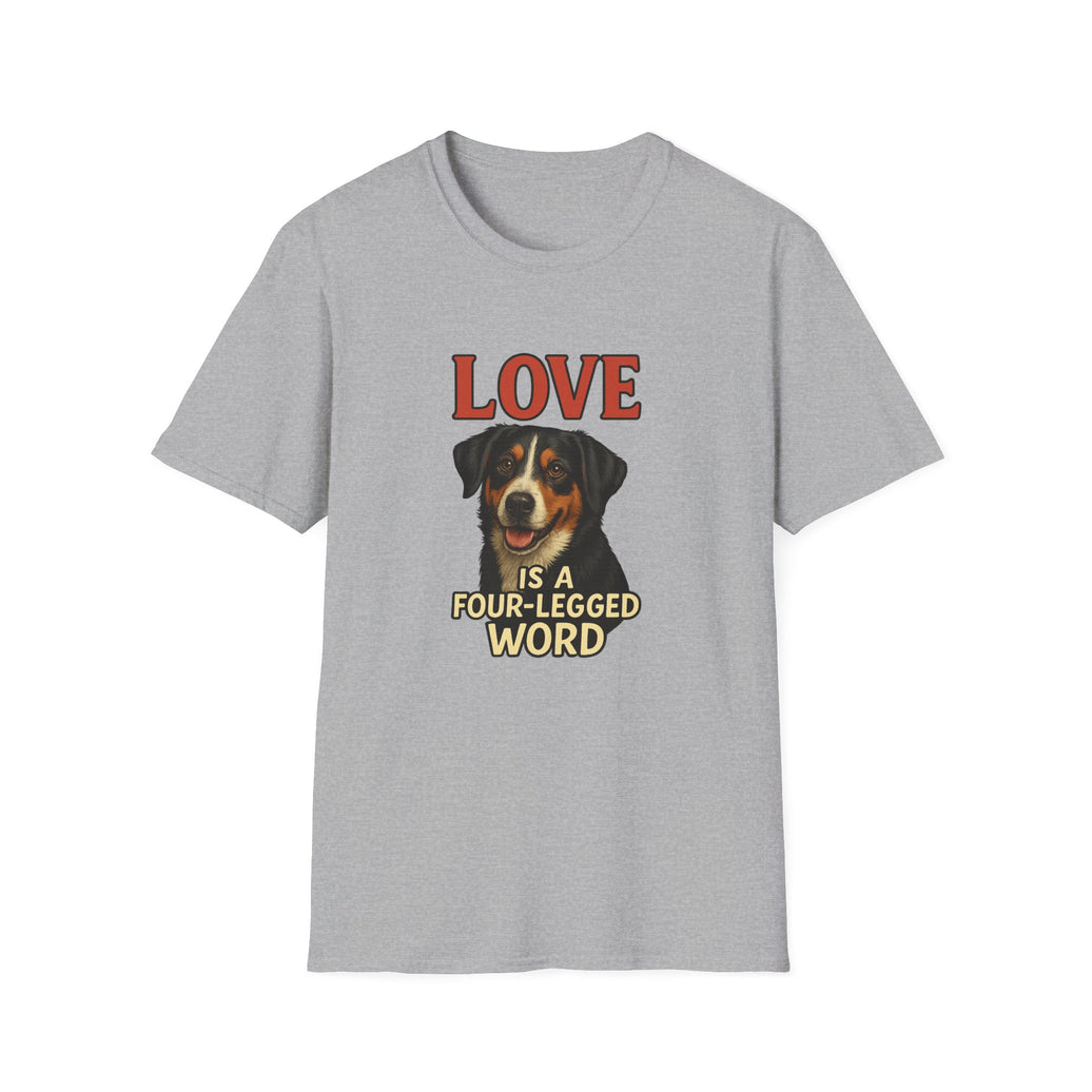 Gray t-shirt with a dog graphic and text 'Love is a four-legged word' on a white background
