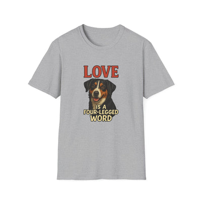 Gray t-shirt with a dog graphic and text 'Love is a four-legged word' on a white background