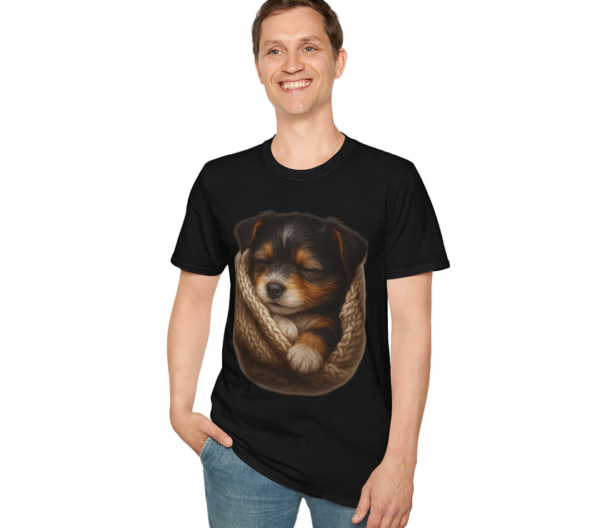 Person wearing a black t-shirt with a dog graphic on a white background