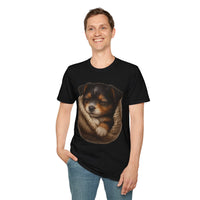 Person wearing a black t-shirt with a dog graphic on a white background