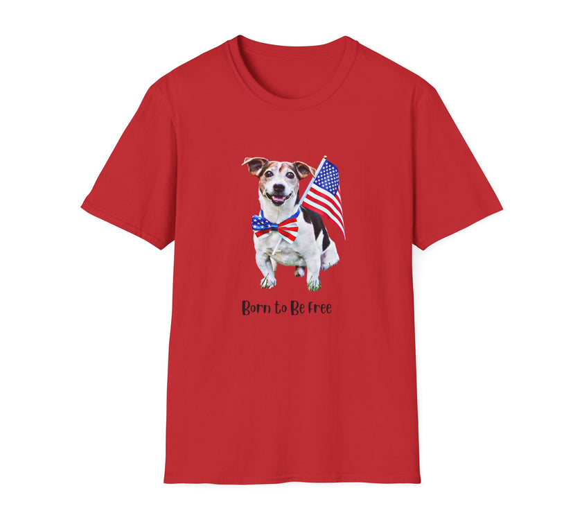 T-shirt featuring a cute  puppy wearing an American flag bow tie and holding a small U.S. flag, with the phrase 'Born to Be Free' printed below the image.