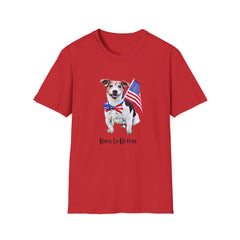 T-shirt featuring a cute  puppy wearing an American flag bow tie and holding a small U.S. flag, with the phrase 'Born to Be Free' printed below the image.