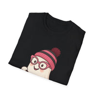 Black t-shirt with a cartoon character wearing a pink hat and glasses on a white background