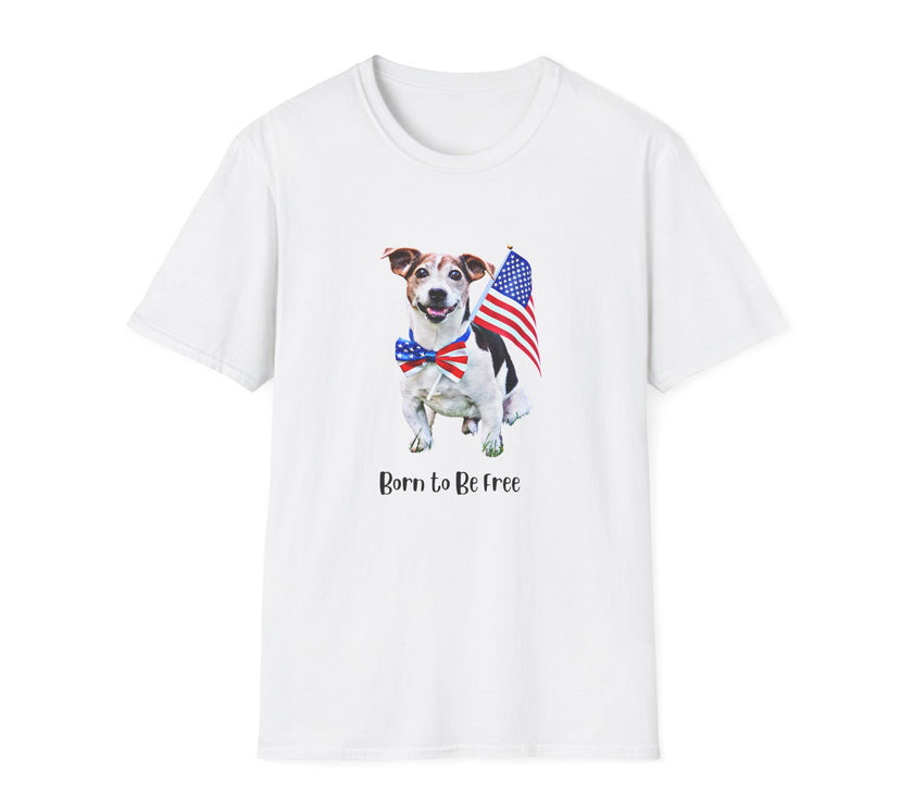 T-shirt featuring a cute  puppy wearing an American flag bow tie and holding a small U.S. flag, with the phrase 'Born to Be Free' printed below the image.