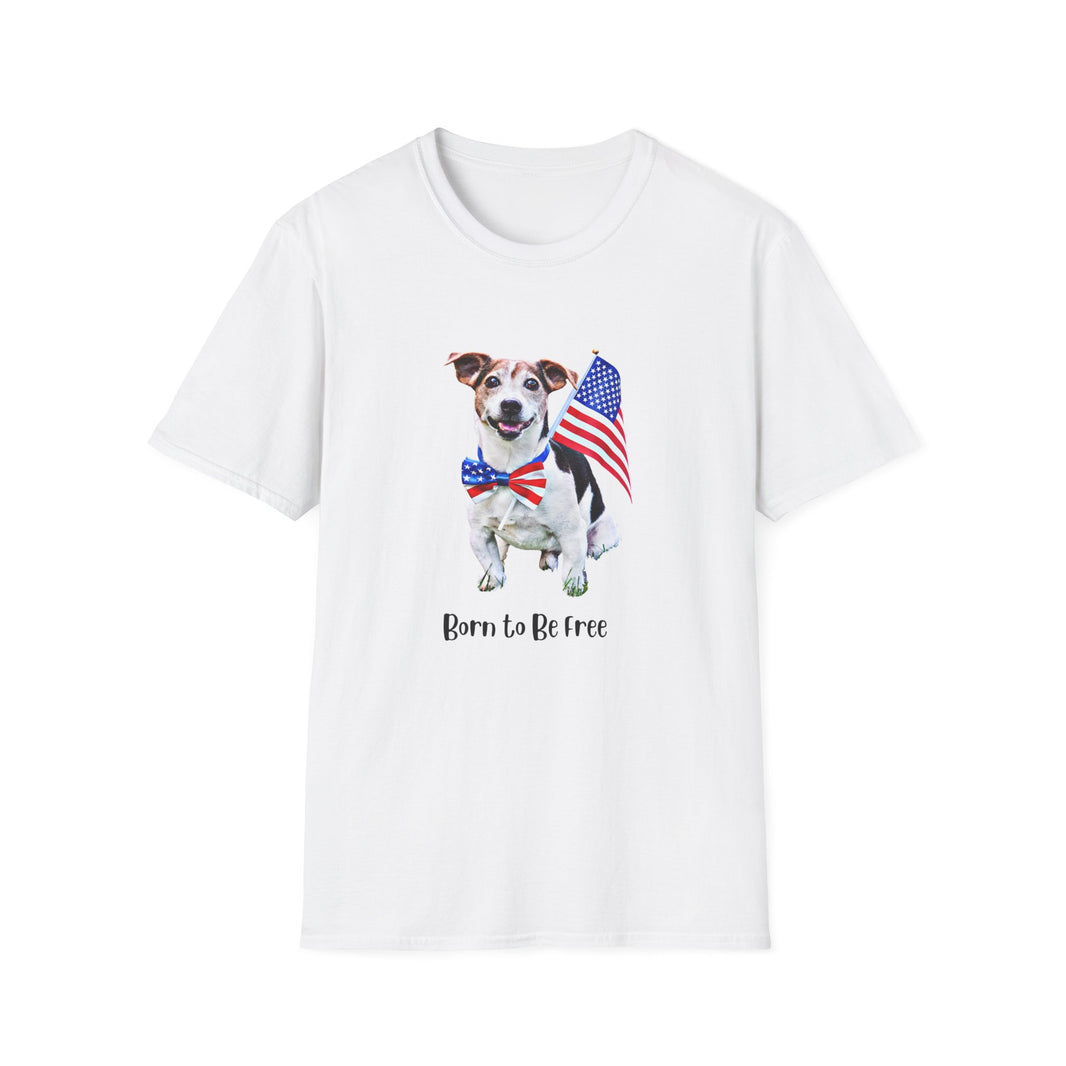T-shirt featuring a cute  puppy wearing an American flag bow tie and holding a small U.S. flag, with the phrase 'Born to Be Free' printed below the image.