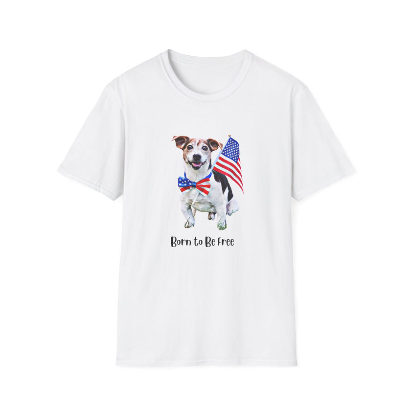 T-shirt featuring a cute  puppy wearing an American flag bow tie and holding a small U.S. flag, with the phrase 'Born to Be Free' printed below the image.