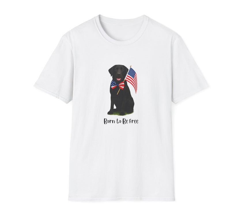 White t-shirt featuring a patriotic Black Lab wearing an American flag bowtie and holding U.S. flags, with the Black Labphrase "Born to Be Free" printed below — perfect for dog lovers and patriotic Americans.