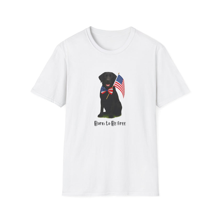 White t-shirt featuring a patriotic Black Lab wearing an American flag bowtie and holding U.S. flags, with the Black Labphrase "Born to Be Free" printed below — perfect for dog lovers and patriotic Americans.
