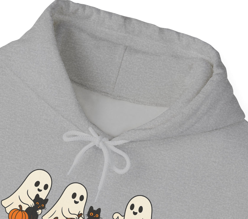 Gray hoodie with Halloween-themed design featuring ghosts, cats, and pumpkins on a white background.