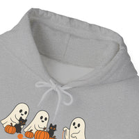 Gray hoodie with Halloween-themed design featuring ghosts, cats, and pumpkins on a white background.
