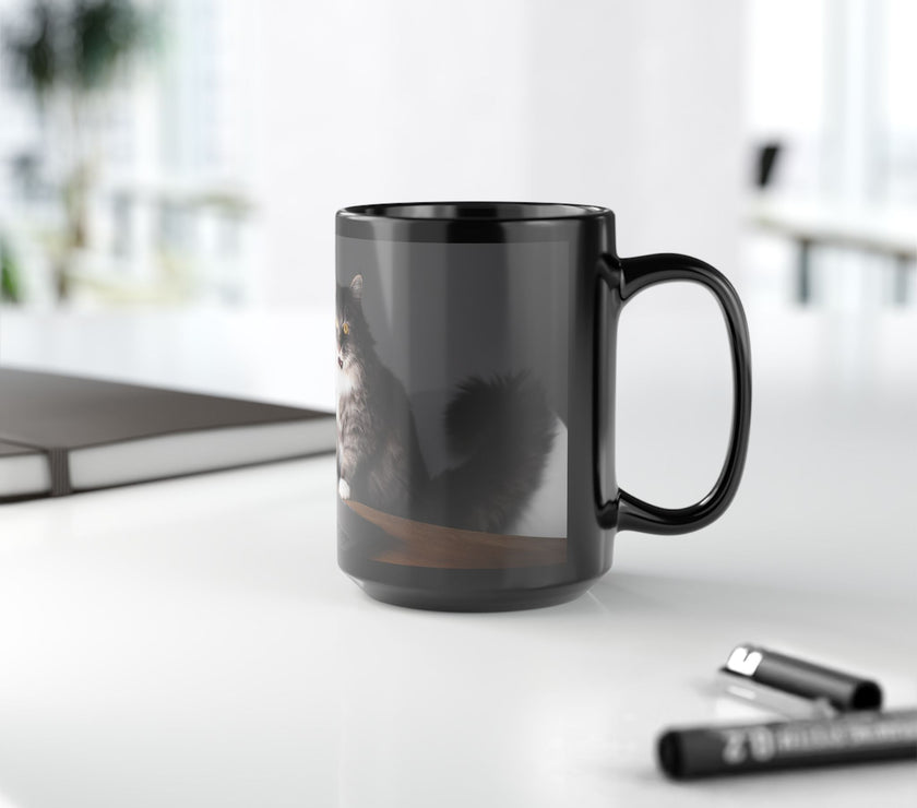 Black ceramic mug featuring a cartoon-style image of a cat sitting at a computer with the funny quote “I work hard so my cat can have a better life.”