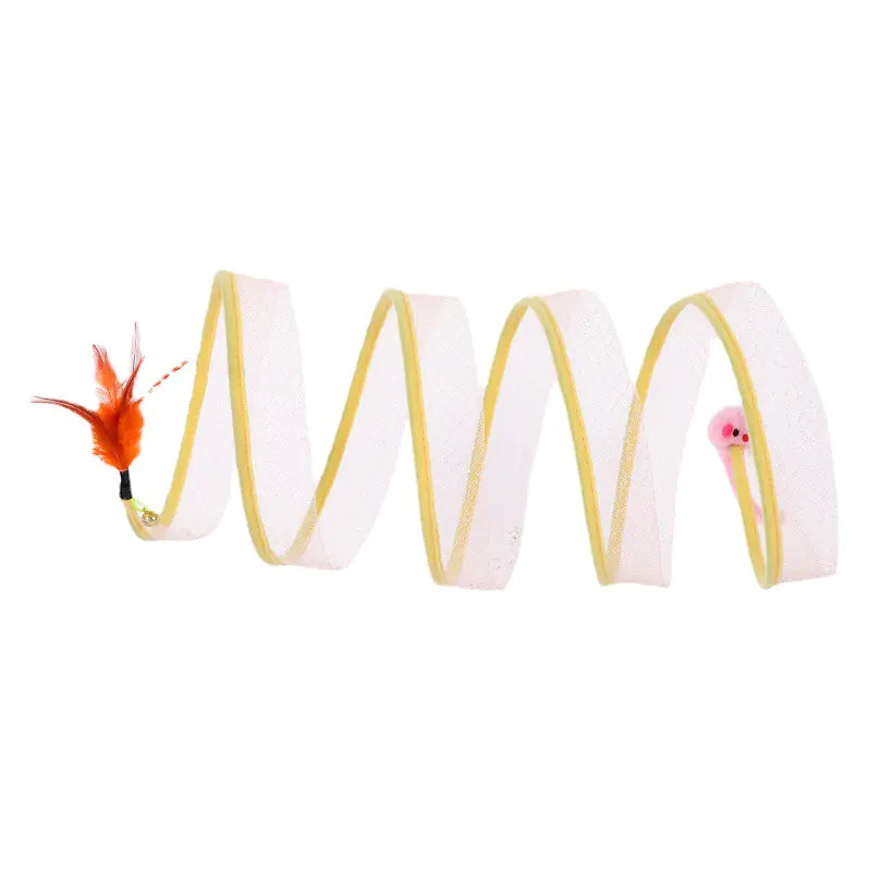 Spiral cat toy with feathers on a white background