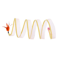 Spiral cat toy with feathers on a white background