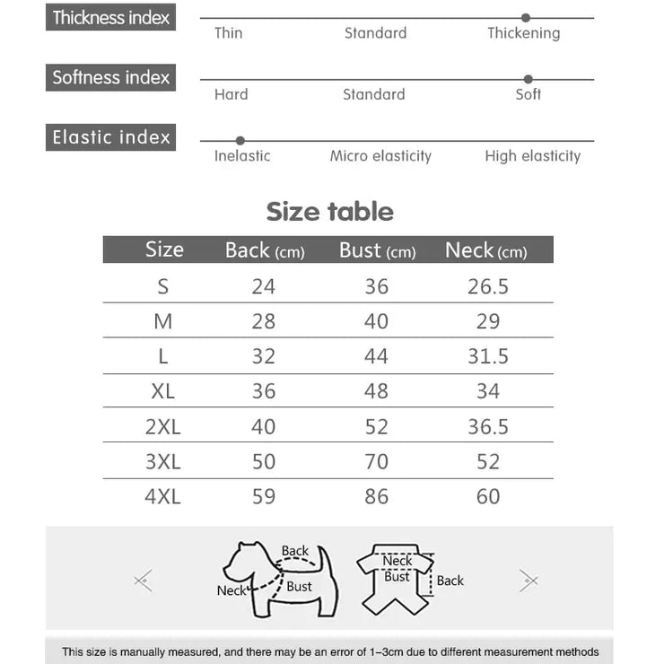 Winter Dog Jacket size table