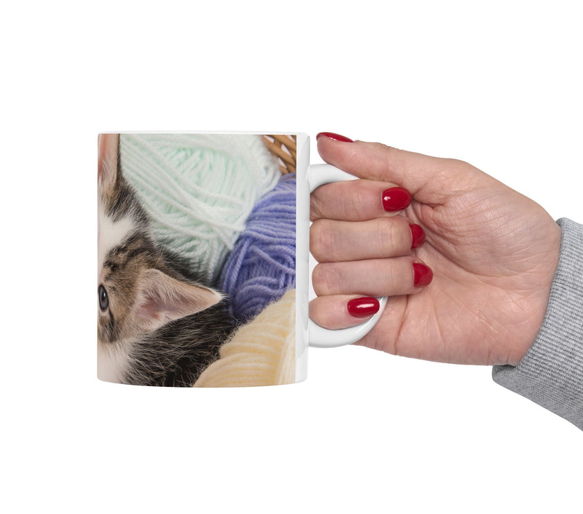 Whiskers & Work Mug –Kitten with Yarn Coffee Cup with message “I work hard so my cat can have a better life.”