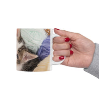 Whiskers & Work Mug –Kitten with Yarn Coffee Cup with message “I work hard so my cat can have a better life.”