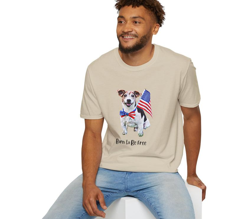 Male wearing T-shirt featuring a cute  puppy wearing an American flag bow tie and holding a small U.S. flag, with the phrase 'Born to Be Free' printed below the image.
