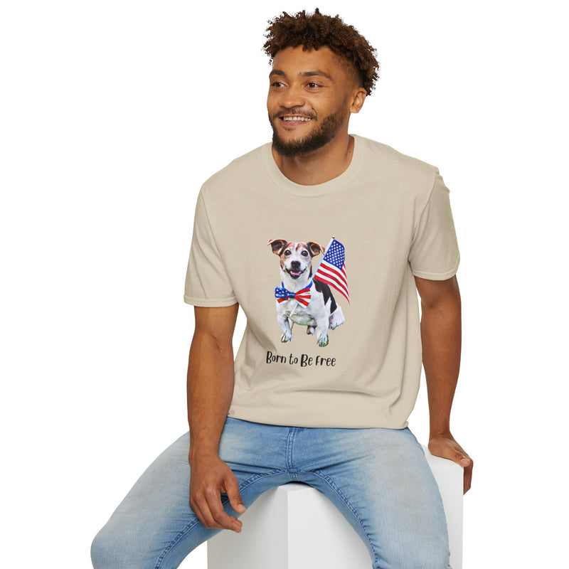 Male wearing T-shirt featuring a cute  puppy wearing an American flag bow tie and holding a small U.S. flag, with the phrase 'Born to Be Free' printed below the image.