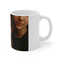 White mug with a person's face printed on one half and plain white on the other, on a white background.