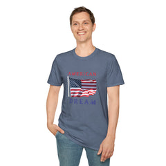 Male wearing T-shirt featuring an American flag graphic with the words 'AMERICAN DREAM' in red and blue text above and below the flag