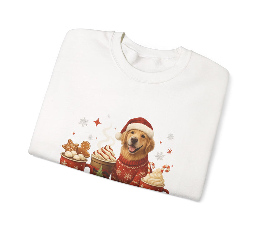 White t-shirt with a festive design featuring a dog in a Santa hat and holiday treats on a white background.