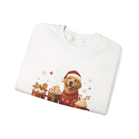 White t-shirt with a festive design featuring a dog in a Santa hat and holiday treats on a white background.
