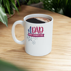White ceramic mug with colorful #1 Dad and Happy Father’s Day message, accented with fireworks graphics, perfect for celebrating dads.