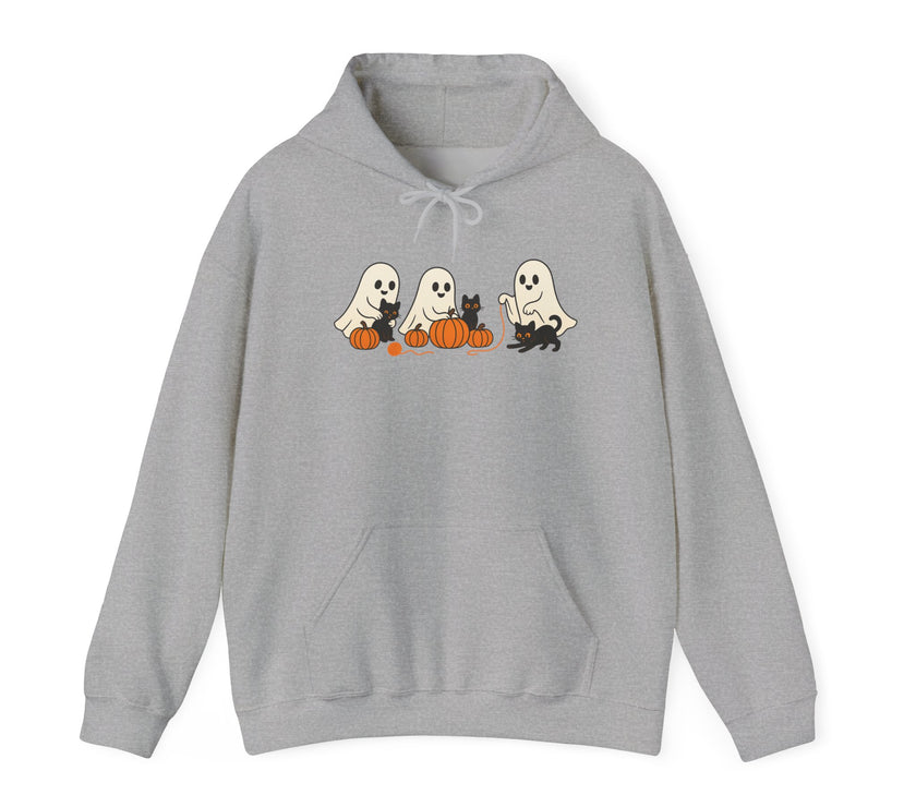 Gray hoodie with Halloween-themed design on a white background