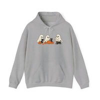 Gray hoodie with Halloween-themed design on a white background