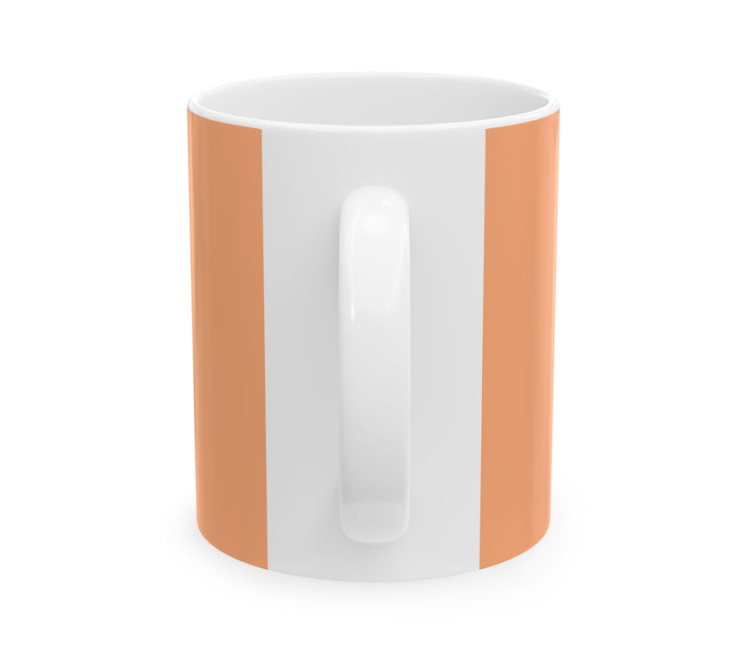 White mug with a brown stripe on a white background