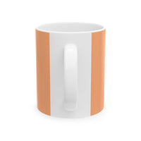 White mug with a brown stripe on a white background