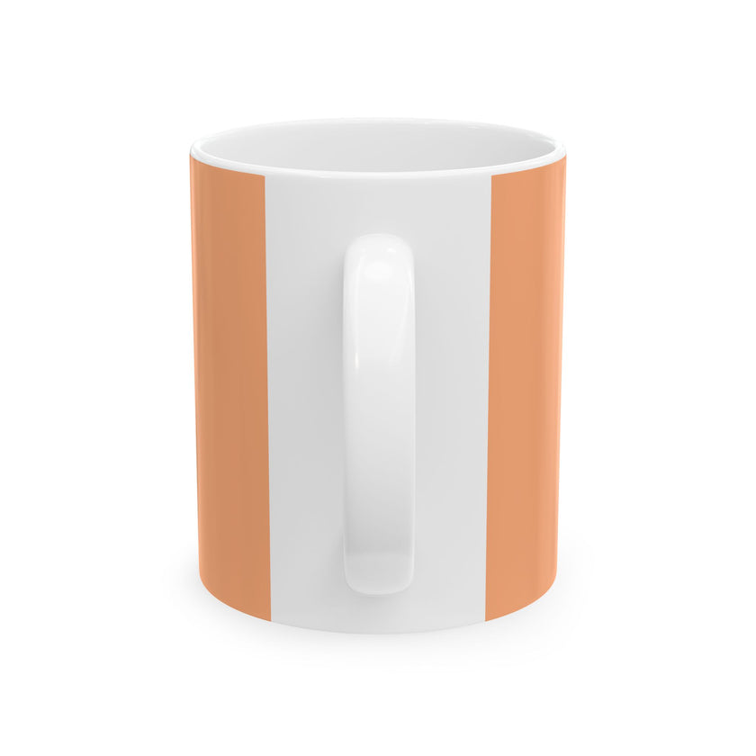 White mug with a brown stripe on a white background