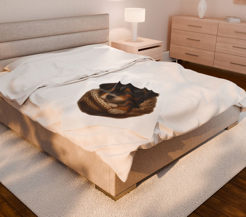 Blanket with Puppy wrapped in a knitted blanket on a white 