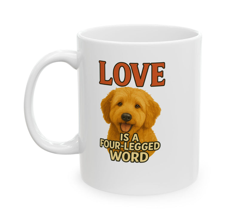 White mug with a brown dog illustration and text 'LOVE is a FOUR-LEGGED WORD' on a white background